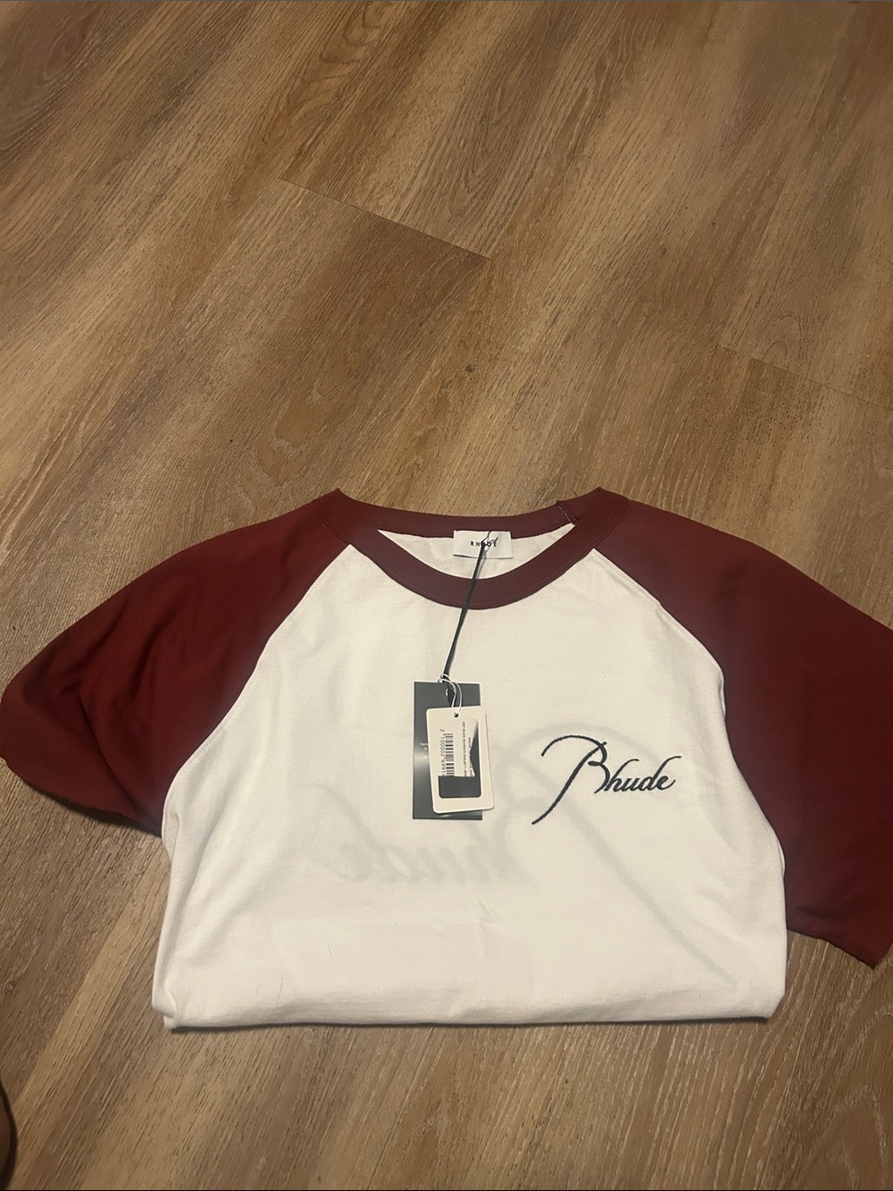 Rhude White Tee with Burgundy Raglan Sleeves